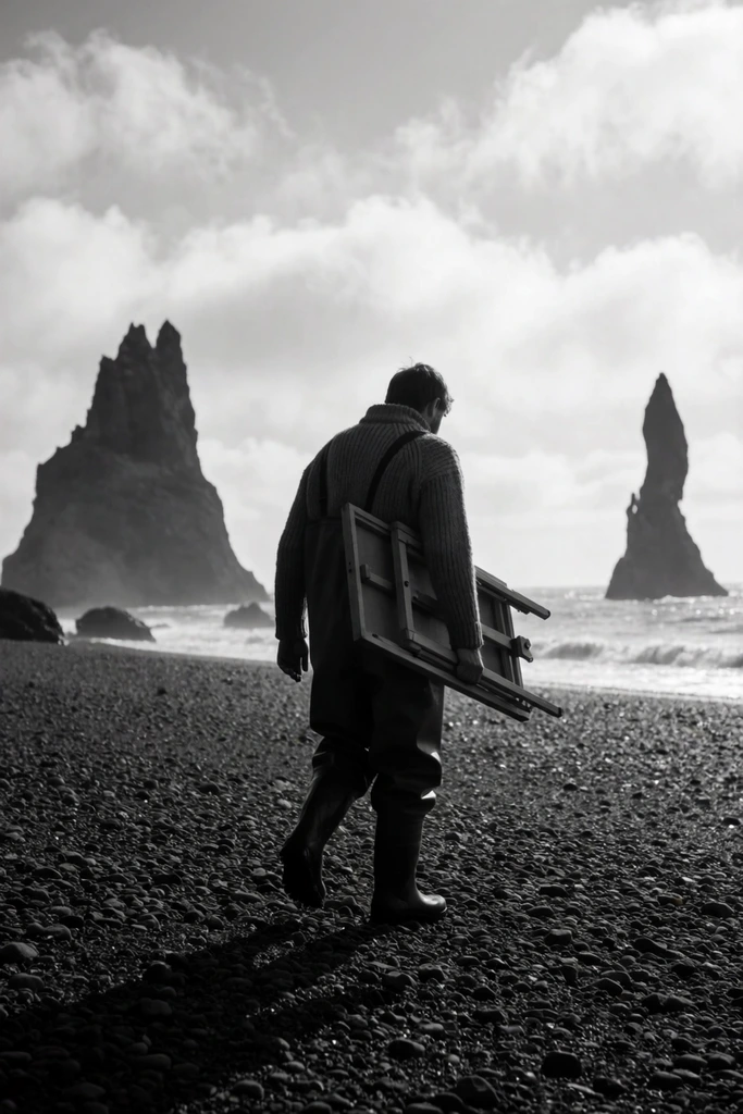 A solitary figure walks away across a desolate rocky shoreline, carrying a folded wooden easel. The person wears a thick fisherman's sweater and heavy rubber waders. High-contrast black and white photography captures a stark silhouette against a bright, cloudy sky. Towering jagged sea stacks rise from the misty ocean in the distance. A low camera angle emphasizes the vast rugged landscape and deep shadows across the pebble-strewn ground.