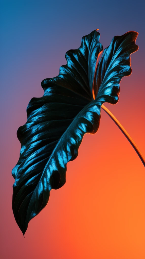 A deeply veined leaf with wavy scalloped margins arches diagonally across a seamless gradient background. Dramatic cyan gel lighting sculpts the dark glossy surface, highlighting intricate ridges. The stem catches a bright orange rim light, contrasting against the backdrop's smooth transition from twilight blue to luminous neon orange. This minimalist botanical portrait uses crisp focus and bold complementary colors to emphasize striking organic geometry.