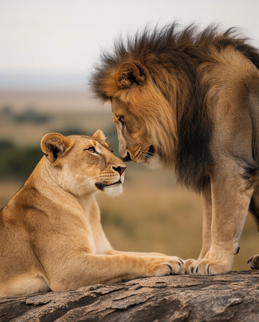 A lioness and male lion share an affectionate moment on a rugged rock against a blurred savanna backdrop. The lioness lies on her front paws, gazing up at the male. The male sits upright with a thick dark mane, leaning down until their noses nearly touch. Both feature highly detailed tawny fur, sharp whiskers, and calm expressions. Diffused natural lighting illuminates their golden coats and the textured stone. The shallow depth of field renders the distant plains in soft earth tones under a hazy sky.