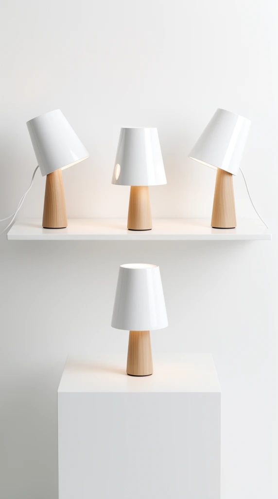 four minimalist table lamps with glossy white conical shades and tapered light wood bases, three lamps arranged on a sleek white floating wall shelf, left lamp tilted left, center lamp perfectly straight, right lamp tilted right, white power cords draping from the outer lamps, a fourth identical straight lamp positioned directly below on a solid white cubic plinth, subtle warm glow emitting from beneath each shade, stark white high-key studio environment, soft diffused ambient lighting, pristine modern gallery setting, minimalist product photography, clean lines, highly symmetrical composition