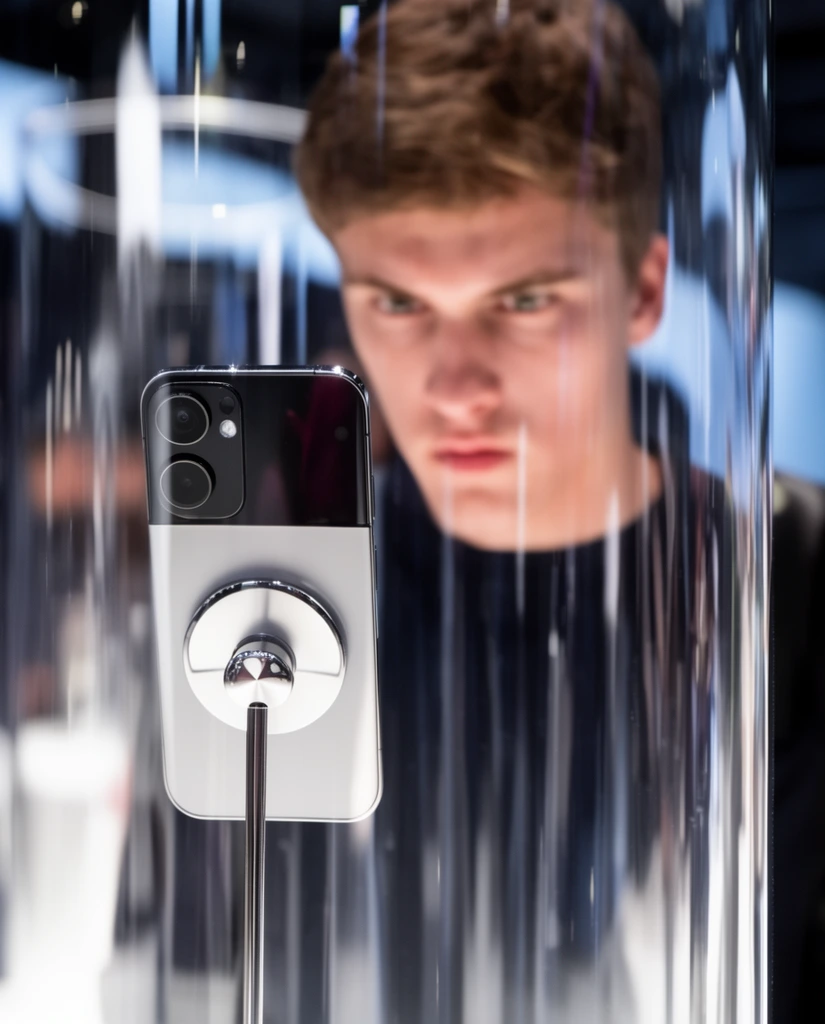 silver and black smartphone on a metal stand, viewed through curved glass with bright vertical reflections, out-of-focus young man in the background staring intently, shallow depth of field, exhibition lighting