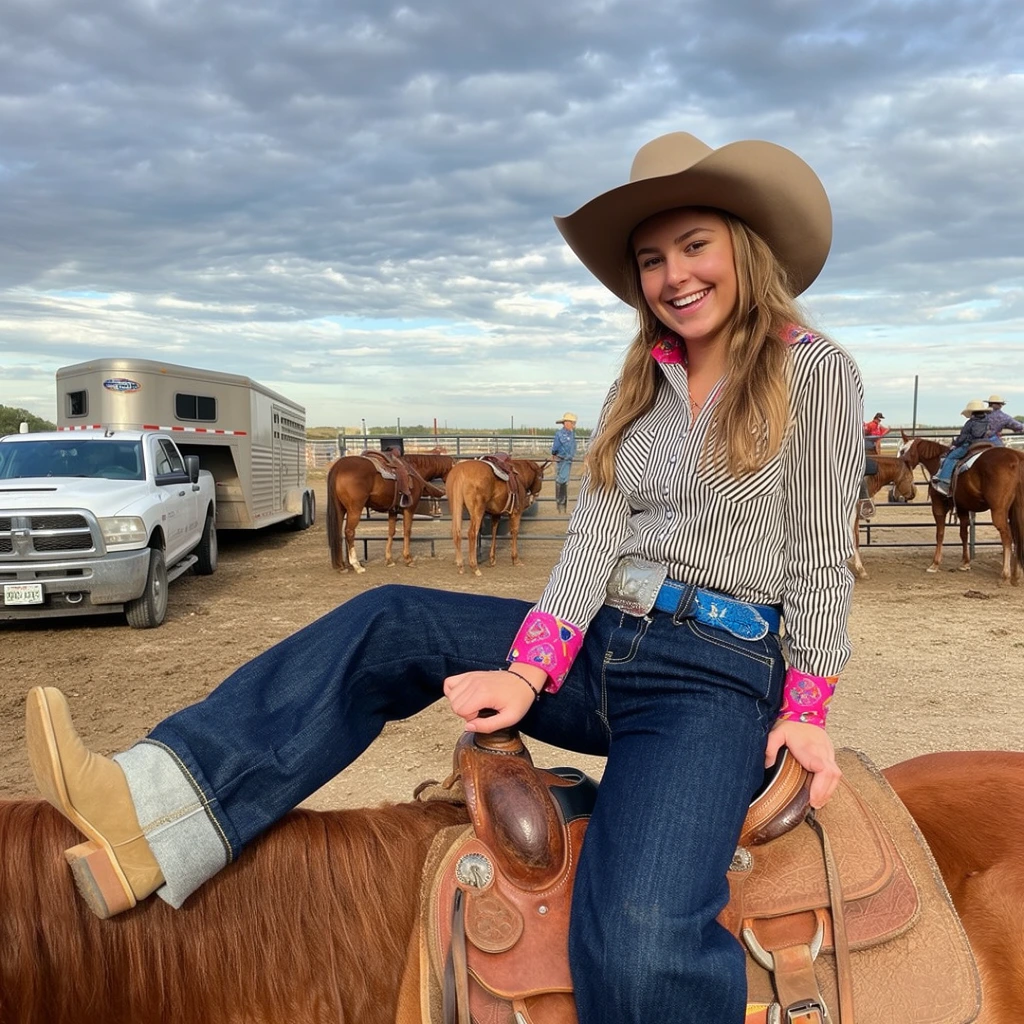 A smiling young woman sits playfully sideways on a brown leather western saddle with her right leg resting horizontally across the horn. She wears a wide-brimmed tan cowboy hat, a black-and-white striped shirt with vibrant pink patterned cuffs, a blue belt with a large metal buckle, cuffed dark denim jeans, and tan boots. The background dirt staging area includes a white pickup truck hitched to a horse trailer, metal fencing, and several saddled horses with nearby riders. Captured in a candid photographic style from a slight low angle, the outdoor scene is lit by soft daylight under a dynamic sky of textured grey clouds.