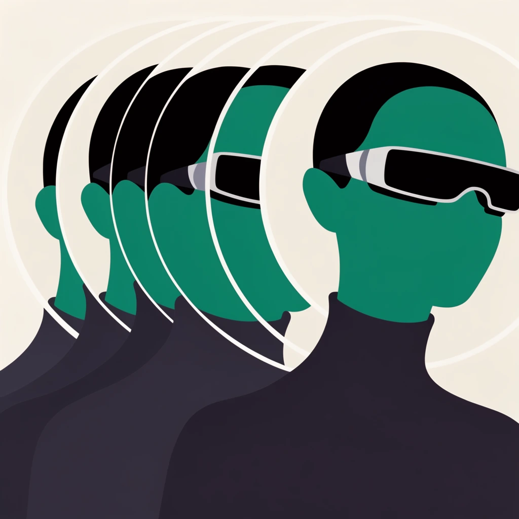 Overlapping circular frames, repetitive silhouettes of sleek figures, solid emerald featureless faces, high-tech visors, charcoal turtlenecks, ivory background, minimalist vector graphic, flat colors