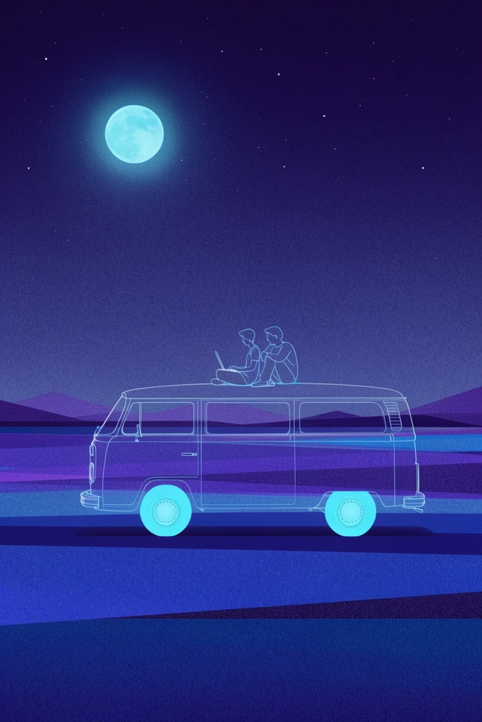Two figures sit atop a classic camper van at night, rendered in delicate, transparent light blue line art. The figures sit closely together facing left, with one interacting with an open laptop. The van appears in side profile, featuring solid, glowing cyan wheels that contrast with its transparent wireframe body. The surrounding landscape features flat geometric planes of deep indigo, violet, and rich blue, entirely covered in a stippled grain texture. Low angular purple mountains form the distant horizon line beneath a vast sky. A large, luminous cyan full moon dominates the upper left, radiating a soft atmospheric glow alongside sparse, delicate white stars.