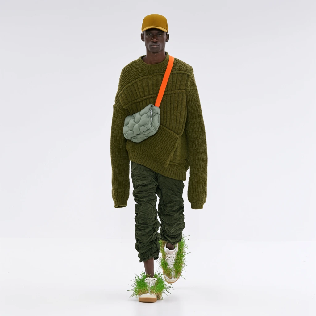 A male model strides forward in a stark white studio wearing an avant-garde olive green ensemble highlighted by sneakers covered in live green grass. The tall, dark-skinned man wears a mustard baseball cap and maintains a stoic expression. His oversized, chunky knit olive sweater features asymmetric ribbed panels and excessively long sleeves. A puffy, quilted sage green cross-body bag hangs on his chest from a bright orange strap. His dark green trousers are heavily gathered, creating a severe crushed texture, cropped above the ankles. The striking white sneakers are entirely overgrown with lush organic grass and feature tan rubber soles. Bright, even studio lighting emphasizes the rich, contrasting textures of the knitwear, crinkled fabric, and foliage against the seamless background, capturing a sharp editorial fashion aesthetic.