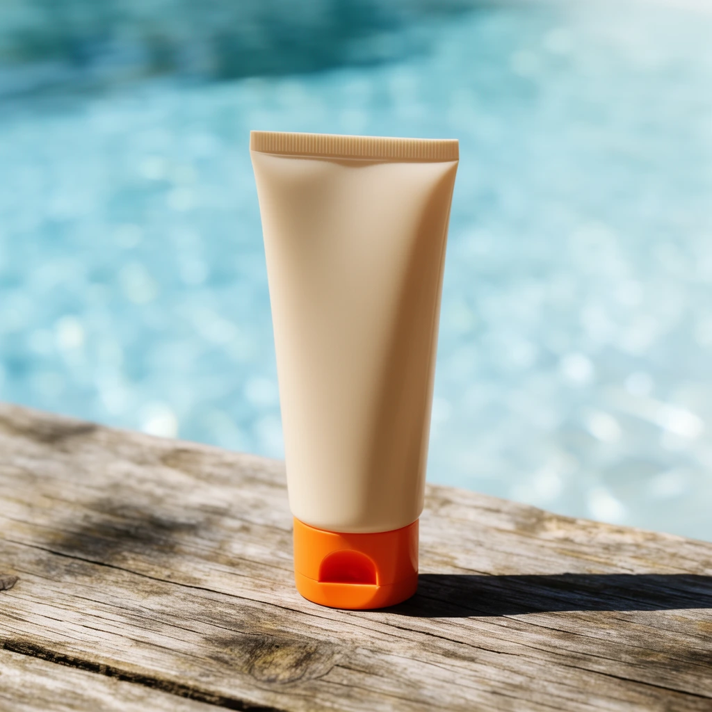 A beige plastic squeeze tube with a bright orange cap stands upright on a weathered wooden table. Direct sunlight casts a sharp shadow across the textured wood grain. Behind the tube, a deeply blurred, shimmering light blue expanse of water creates a shallow depth of field. The warm, smooth object contrasts against the rough wood and cool aquatic background in this brightly lit, summery composition.