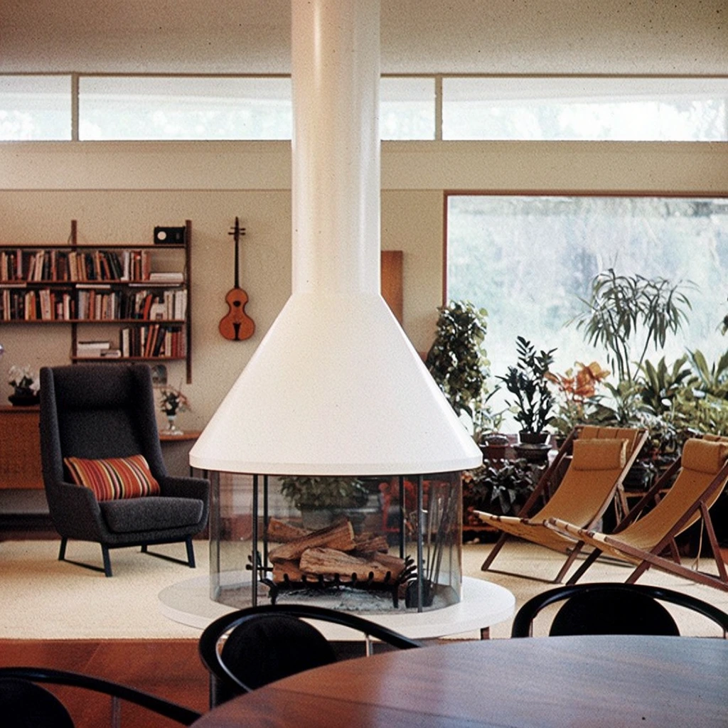 A striking white conical freestanding fireplace anchors a spacious mid-century modern living room. The ceiling-suspended hood hovers over a glass-enclosed hearth containing wood logs. A dark grey high-backed armchair with a striped pillow sits to the left, while two tan canvas lounge chairs face the hearth on the right. The immediate foreground features the edge of a dark wooden round dining table with curved black chairs. In the background, a wall-mounted bookshelf and a hanging wooden stringed instrument sit beside an array of lush potted plants clustered beneath a large picture window. A long horizontal clerestory window lines the upper wall. The vintage architectural photograph is illuminated by soft natural daylight and warm interior tones, rendered with a slightly grainy film texture.