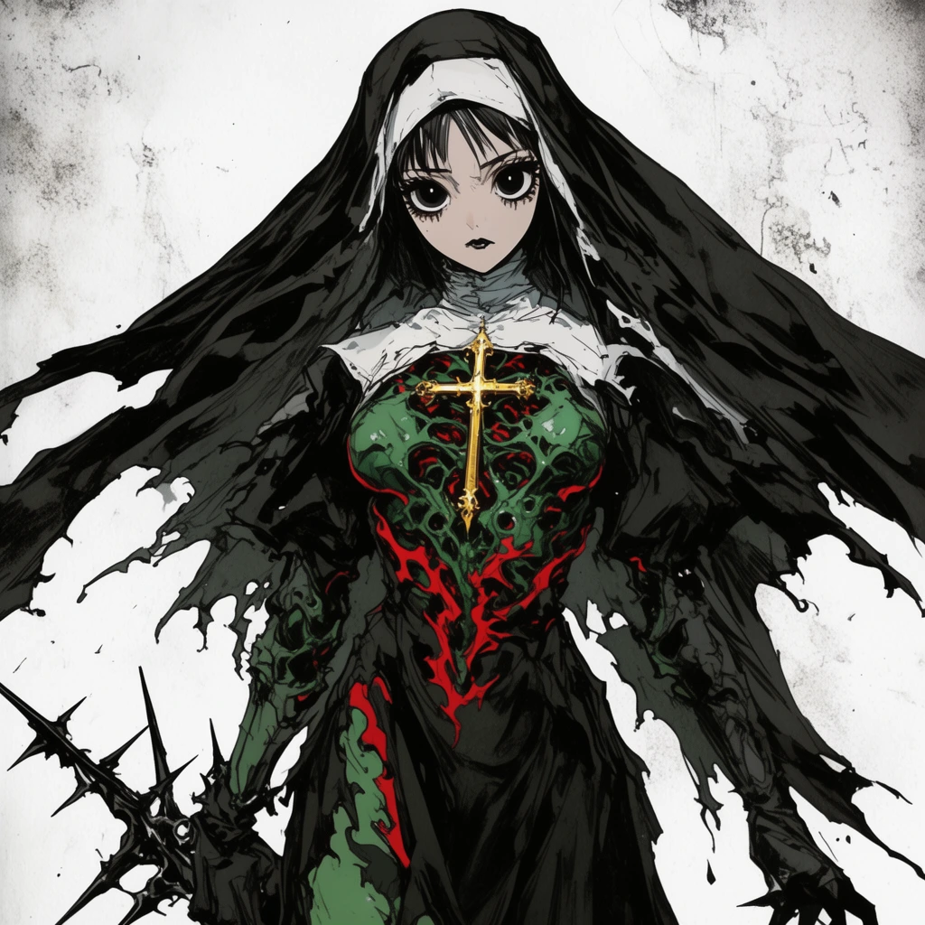 gothic nun in torn black habit, glowing gold cross embedded in exposed green biomechanical chest, red flame-like accents, wielding dark spiked weapon, large expressive eyes, flowing veil, distressed white background, sharp ink linework, dark fantasy illustration