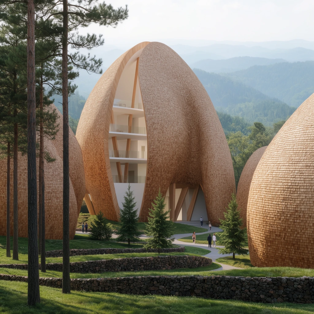 Monumental, organic-shaped buildings clad entirely in small, light brown wooden shingles stand nestled within a lush mountainous landscape. The central structure features a sweeping, shell-like cutaway revealing a crisp, multi-story white interior with glass balconies and angular wooden pillars. Tall, slender pine trees frame the left foreground, rising from vibrant green grass intersected by low, winding walls of dark rubble stone. Meandering paved walkways lead toward the entrances, where small figures stroll past younger evergreen trees. In the background, rolling forested hills fade into a hazy atmospheric blue under a bright, pale sky. Captured with photorealistic precision, the scene utilizes soft natural daylight to emphasize the intricate, fish-scale texture of the timber facades and the smooth, undulating topography of the surrounding terrain.