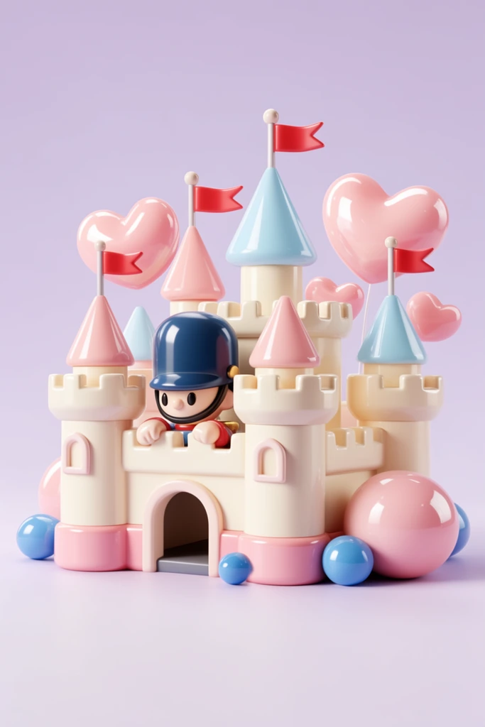 A glossy, pastel-colored 3D render of a miniature toy castle featuring a stylized guard peering over the battlements. The fortress features smooth, cream-colored walls with pink bases, crenellated towers, an arched gateway, and conical roofs in soft pink and baby blue. An oversized toy soldier wearing a dark blue helmet rests behind the front wall. The structure is decorated with tall flagpoles flying red pennants, floating glossy heart-shaped balloons, and large pink spheres. Several polished blue orbs are scattered around the exterior base. The entire arrangement sits on a seamless lavender backdrop. Soft, diffused studio lighting creates bright specular highlights on the plastic and vinyl materials, emphasizing a clean, candy-like aesthetic typical of high-end macro toy photography.