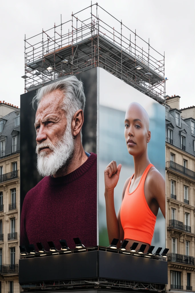 massive two-sided corner billboard on an urban building, left advertisement featuring a rugged older man with a white beard in a burgundy sweater, right advertisement showing an athletic bald woman in an orange tank top, construction scaffolding above, row of black floodlights illuminating the bottom edge, classic European architecture with slate mansard roofs, overcast sky