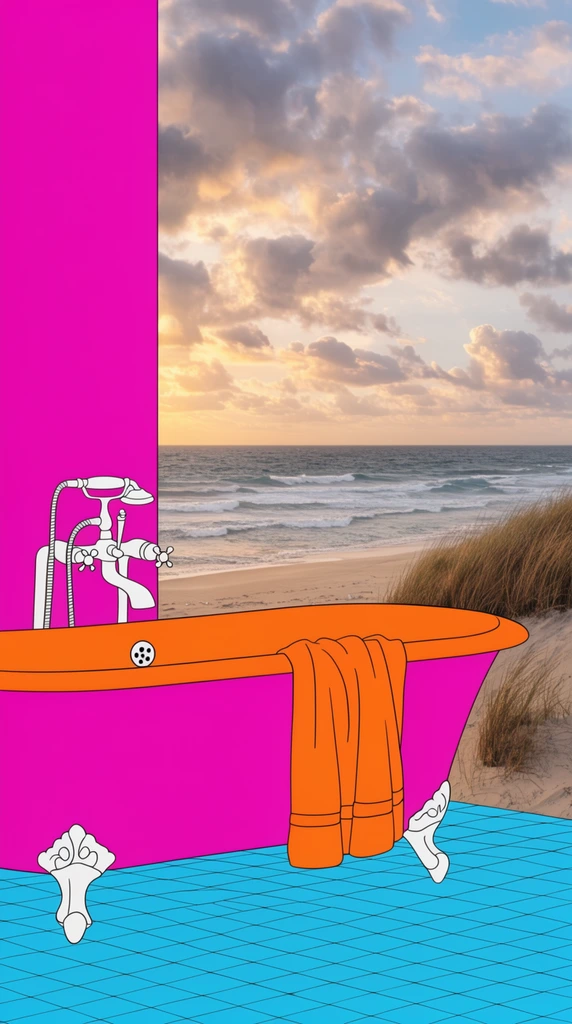 Pop-art bathroom interior merging with a photorealistic beach landscape, flat 2D illustration juxtaposed with realistic photography, bright magenta clawfoot bathtub with orange interior, draped orange towel, cyan tiled floor, neon magenta walls, open wall revealing sandy beach, dune grass, ocean waves, cloudy sunset sky, surreal architectural contrast