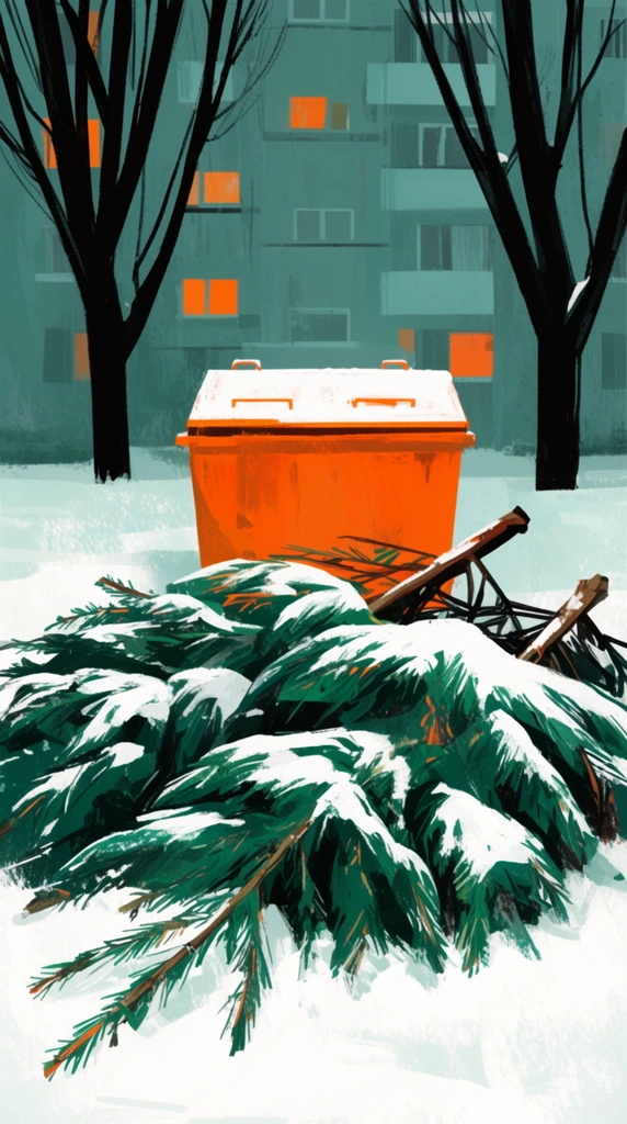 A stylized digital painting of a snowy urban scene centering on discarded, snow-blanketed evergreen branches in the foreground. Behind the deep green needles rests a bright orange, snow-capped dumpster flanked by stark black tree silhouettes. A muted teal apartment building rises in the background with windows glowing warm orange. The illustration features expressive textured brushstrokes, flat color blocking, and a highly contrasting palette of vibrant orange, dark green, stark white, and atmospheric teal.