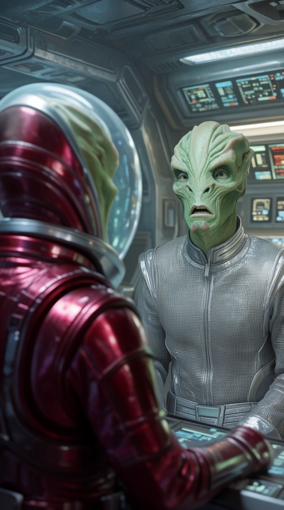Two humanoid aliens converse on a spaceship bridge. The foreground figure, viewed from behind, wears a crimson metallic spacesuit and a domed helmet. The second alien faces forward with pale green skin, facial ridges, and a silver mesh uniform, showing an exasperated expression. The background features glowing control panels and titanium bulkheads under cool cyan lighting. Cinematic over-the-shoulder composition, shallow depth of field, atmospheric sci-fi style.