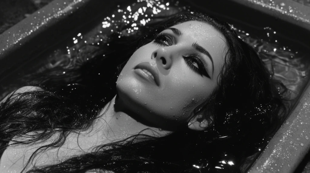 A black and white cinematic shot of a woman lying in shallow water within a dark rectangular basin. Her head tilts backward, gazing upward. Long, dark, wet hair surrounds her face, catching light on sparkling water droplets clinging to her skin. High-contrast lighting emphasizes her heavy eyeliner, casting deep shadows and illuminating the glittering moisture in a tight high-angle composition.