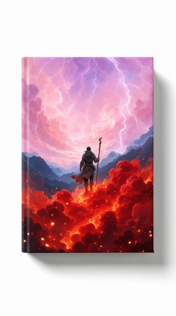 floating hardcover book on pure white background with soft drop shadow, cover art features a lone adventurer from behind holding a staff, standing atop voluminous fiery red clouds with glowing orange embers, distant dark blue mountains, ethereal pink and purple sky laced with white lightning bolts, sharp contrast between infernal base and celestial heavens, vibrant digital fantasy illustration