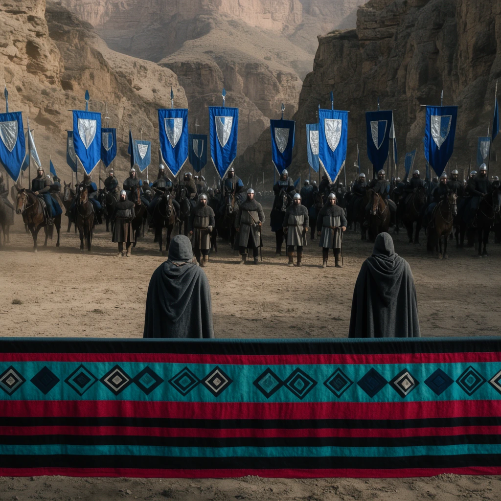 A cinematic wide shot of a medieval army in a dusty canyon. A striking fabric barrier with crimson, teal, and black horizontal stripes and geometric diamonds dominates the foreground. Two cloaked figures stand behind it, observing rows of foot soldiers and cavalry carrying tall blue and silver banners. The muted earthy landscape contrasts sharply with the vibrant heraldry under natural daylight, creating a dramatic, epic atmosphere.