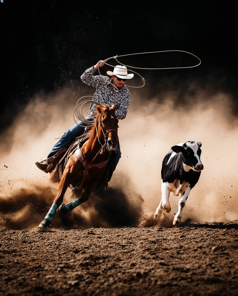 A cowboy atop a galloping chestnut horse swings a lasso in a wide loop above his head, chasing a black and white calf through a dense cloud of dust. The rider wears a white hat, dark sunglasses, a patterned black and white shirt, and blue jeans, leaning aggressively to his right out of the saddle. The powerful brown horse is captured mid-stride, equipped with leather tack and teal protective leg boots. Beside them, the calf sprints across the heavily textured dirt ground. A massive plume of illuminated sandy-brown dust billows directly behind the subjects, completely isolating them against a deeply shadowed, near-black background. The composition features dramatic, high-contrast lighting and a low camera angle to emphasize the intense, fast-paced action and the violent spray of loose soil erupting around the animals' hooves.