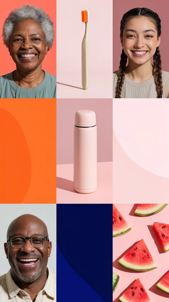A 3x3 grid composition combines diverse smiling portraits, everyday lifestyle objects, and vibrant color blocks in a crisp commercial photography style. The portraits feature an older Black woman against a coral backdrop, a young woman with braided hair on dusty rose, and a laughing bald Black man with glasses against pale gray. Interspersed are cleanly lit objects including a beige toothbrush with orange bristles, a pale pink cylindrical thermos, and scattered watermelon slices casting hard shadows on a pink surface. The remaining squares display flat backgrounds in bright orange, deep navy blue, and pale pink with minimal geometric curves. The aesthetic uses bright studio lighting, tight framing, and a cohesive pastel and jewel-toned color palette.