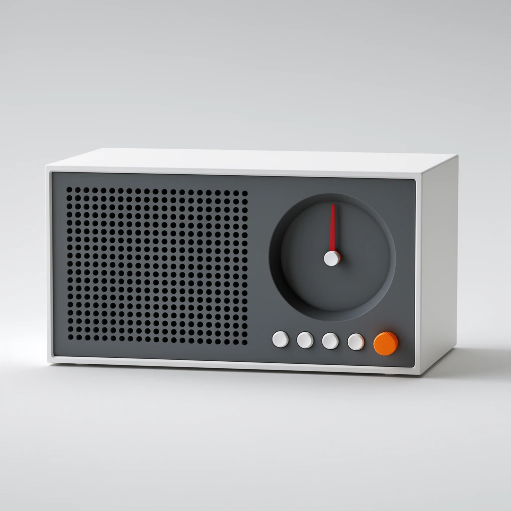 minimalist desktop radio, white rectangular casing with dark grey front bezel, left half featuring a precise grid of circular speaker perforations, right half showing a large recessed circular dial with a red needle, bottom row containing small white buttons and one bright orange knob, seamless light grey studio backdrop, soft diffused lighting, high-end product photography, clean geometric lines, front-facing perspective