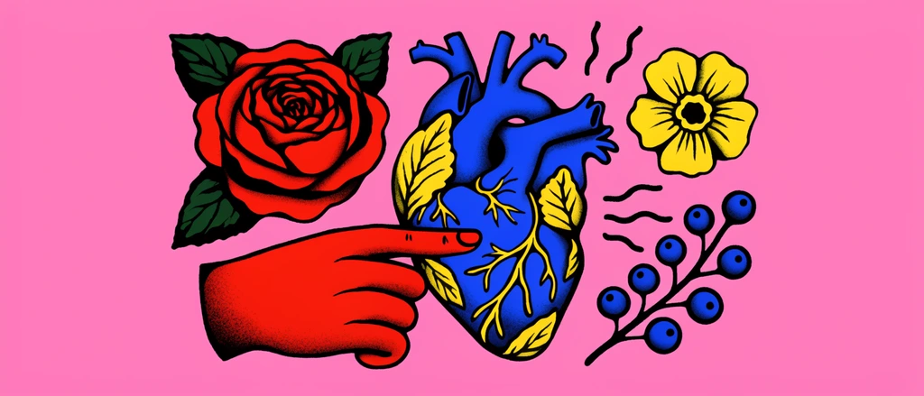 Graphic illustration on a bright pink background using bold flat colors, heavy black linework, and stippled shading. A prominent red rose with dark green leaves sits beside a stylized red hand pointing at a blue anatomical heart decorated with yellow leaves. A blooming yellow flower, wavy radiant lines, and a sprig of round berries complete the central motif.