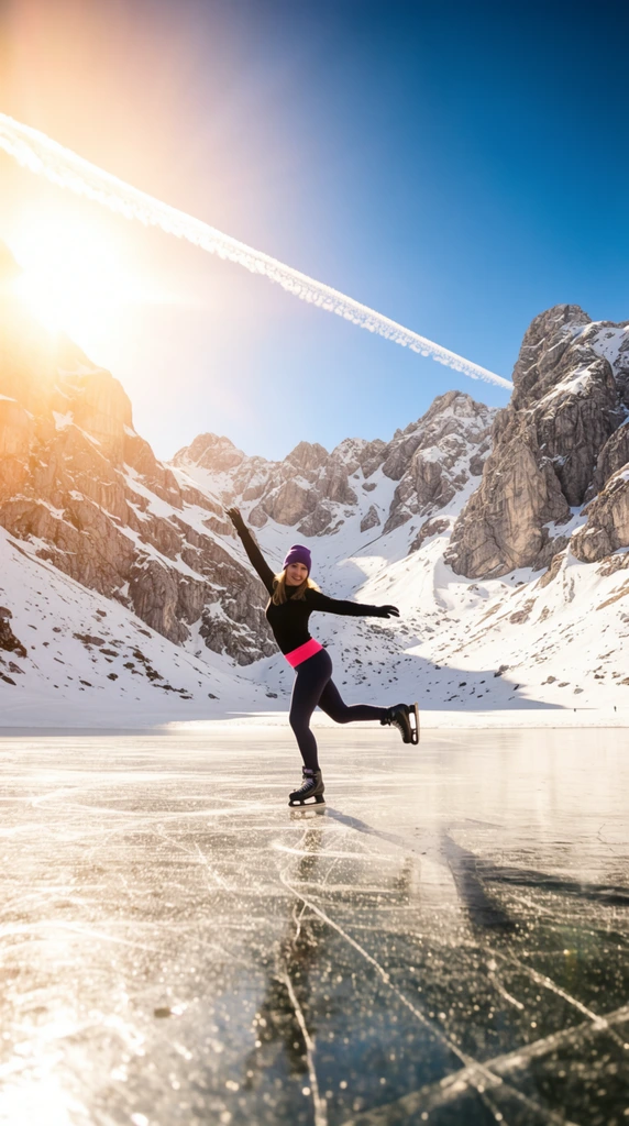 A woman ice skates on a frozen alpine lake, captured in a wide-angle shot that highlights the majestic, snow-capped rocky mountains surrounding her. The skater, wearing a black long-sleeved top, dark leggings with a bright pink waistband, a purple beanie, and black ice skates, strikes a dynamic pose with her arms outstretched and one leg lifted backward. The ice surface in the foreground shows intricate cracks and textures, reflecting the sunlight. The lighting is intensely bright, with a strong lens flare emanating from the upper left corner, where the sun is positioned. A long, straight contrail stretches across the clear blue sky above the rugged mountain peaks. The overall color palette contrasts the stark whites and grays of the snow and rock with the deep blue of the sky and the warm, golden hues of the sunlight.