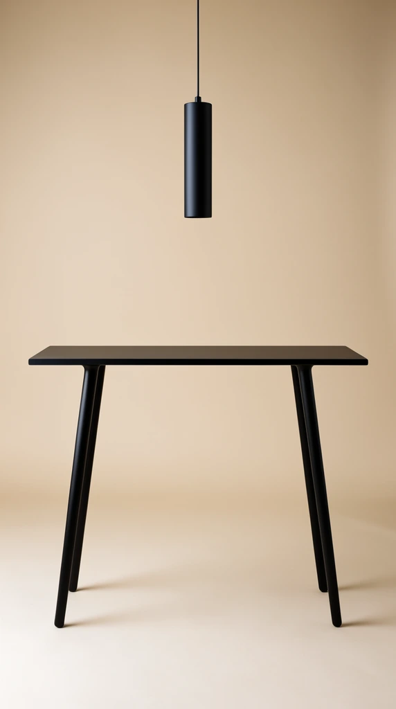 A minimalist black rectangular console table with tapered legs stands against a seamless warm beige studio backdrop. A matte black cylindrical pendant light hangs perfectly centered above the thin tabletop. Soft diffused lighting casts subtle floor shadows, emphasizing clean geometric lines, stark contrast, and a highly symmetrical modern composition.