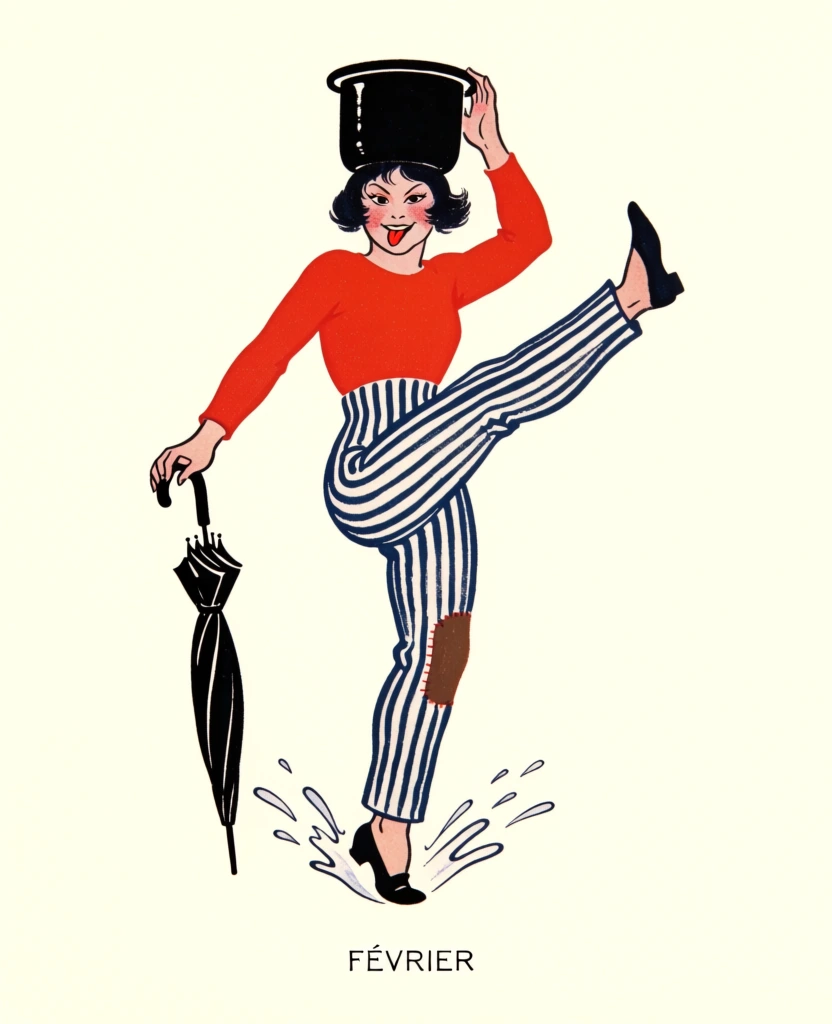 An energetic Art Deco illustration from the magazine La Vie Parisienne features a woman in a red shirt and striped pants playfully kicking a hat while wearing an oversized black pot on her head. The central figure is a young woman with a mischievous expression and dark bobbed hair, captured in a mid-air, high-kicking dance pose against a plain cream background. She balances on her left foot, which creates a stylized blue and white splash effect on the ground, while her right leg is thrust high into the air, tossing a brown fedora hat upwards from her bare toes. She is dressed in a vibrant red, long-sleeved shirt with an open collar and high-waisted, navy blue and white vertically striped trousers that are cuffed at the ankles and feature a brown patch on the right knee. On her head, she wears an unconventional, tall, black cylindrical headpiece resembling a pot, with a small black creature perched on its rim and a dark lid resting atop it. In her right hand, she holds the wooden handle of a folded black umbrella tipped with a small tassel. At the top of the image, the stylized title "LA VIE PARISIENNE" is written in a bold, decorative, serif font with red outlines and dark blue fill, surrounded by delicate red flourishes. In the lower right corner, a four-line verse is written in elegant red cursive script: "Voici le petit février — Enfant prodigue de l'année — La honte du Calendrier — Par son humeur désordonnée!". The artist's signature, "HEROUARD", appears in small red letters near the bottom center. The illustration is framed by a thin double border of red and blue lines. The artistic style is characteristic of early 20th-century French magazine covers, featuring clean line work, a limited but bold color palette, and a whimsical, dynamic composition.