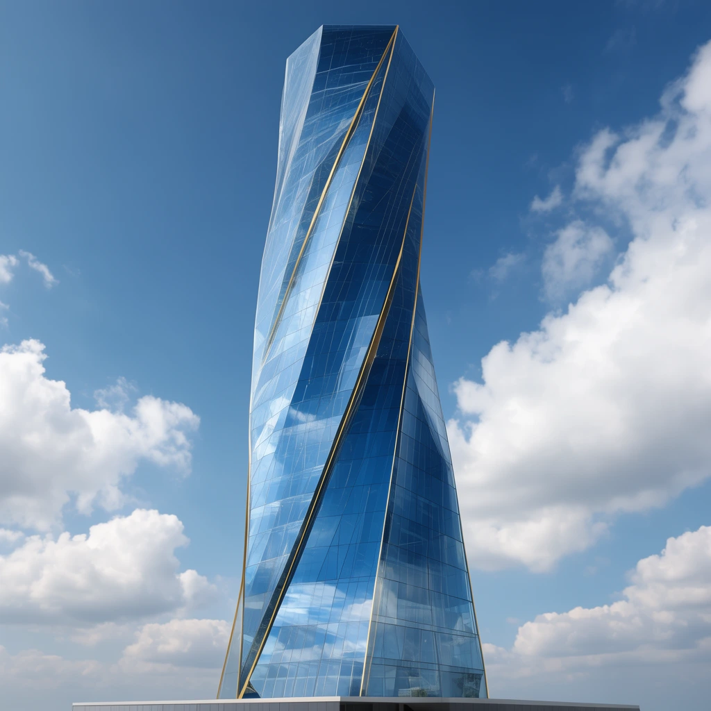 A towering futuristic skyscraper twists upwards against a bright blue sky dotted with fluffy white clouds. The crystalline architecture features sharp, faceted blue glass panels that mirror the sky, accented by striking golden lines tracing its diagonal geometric folds. Captured in a pristine photorealistic rendering from a low-angle perspective, the sleek, asymmetrical tower dominates the centered composition above a minimal base, highlighting its immense scale and sharp modern aesthetic.