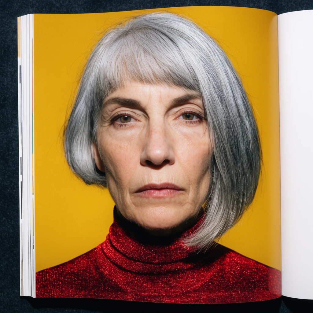 A close-up editorial portrait of a mature woman with angular features and an asymmetric silver bob haircut, wearing a metallic crimson turtleneck. She fixes the camera with a solemn, piercing gaze against a flat, vibrant mustard yellow backdrop. The photograph is framed as an open magazine spread, with the curved spine and white page edges visible on the left, resting on a dark textured surface. Direct, harsh lighting evokes a raw, alternative editorial photography aesthetic.