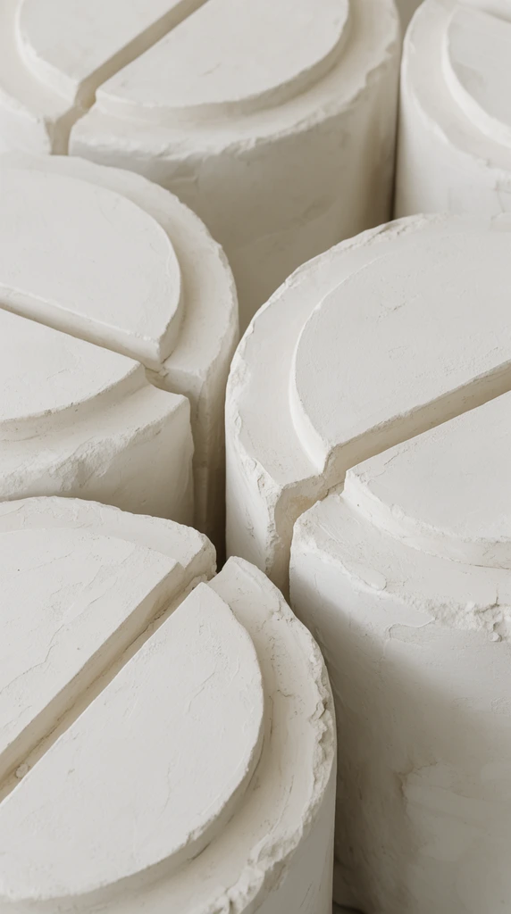 Large, off-white cylindrical blocks with a textured, plaster-like finish cluster in a tight close-up. Each cylinder features a raised circular plateau bisected by a deep, straight groove. Soft, diffused lighting casts gentle shadows within the channels, highlighting the crumbly edges and emphasizing a matte, monochromatic palette of creamy whites and light grays.