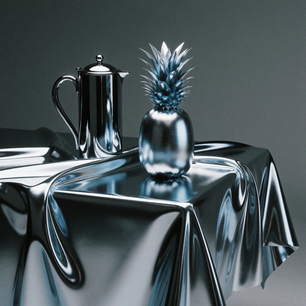 ultra-minimalist still life arrangement of a metallic-sheen pineapple and a polished chrome pitcher atop a heavily draped silver liquid-fabric tablecloth, avant-garde neo-futuristic aesthetic, monochromatic palette of cool steel blue and slate grey, high-contrast directional lighting with sharp highlights and deep shadows, shimmering industrial textures, fine film grain, brutalist precision, high-fashion editorial mood, sleek reflective surfaces, centered composition, cinematic grain.