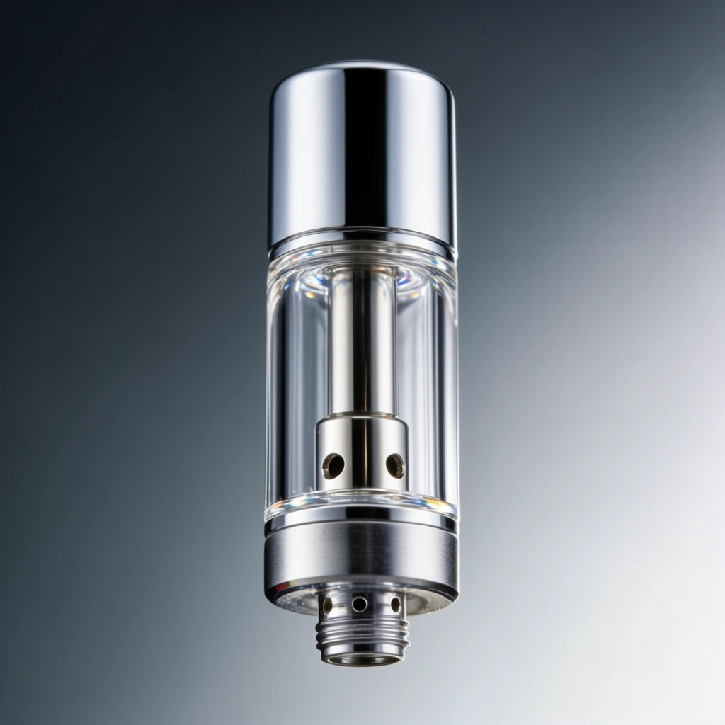A cylindrical metallic and clear glass atomizer cartridge floats vertically against a smooth gradient background transitioning from dark slate gray to luminous silver. The top section is a highly polished silver metallic cylinder reflecting sharp vertical highlights. The middle transparent glass chamber reveals a central metallic tube with small circular intake holes near the bottom, catching intricate light refractions. The base features a brushed metallic band tapering into a threaded connection point with minute airflow holes. Shot with a macro lens using studio lighting, the composition emphasizes the sleek interplay of reflective metal and transparent glass in a cool, monochromatic palette.