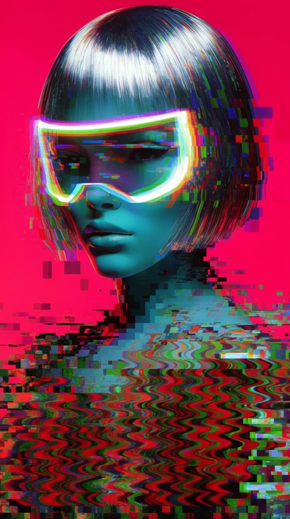 cyan-skinned androgynous cyborg portrait, sleek metallic bob cut, oversized glowing neon visor, intense digital glitch art, stark hot magenta background, heavy databending, lower torso dissolving into chaotic pixelated bands, wavy distorted scanlines in vivid red and green, blocky geometric compression artifacts, corrupted file aesthetic, high contrast cyberpunk distortion, extreme chromatic aberration, pixel sorting