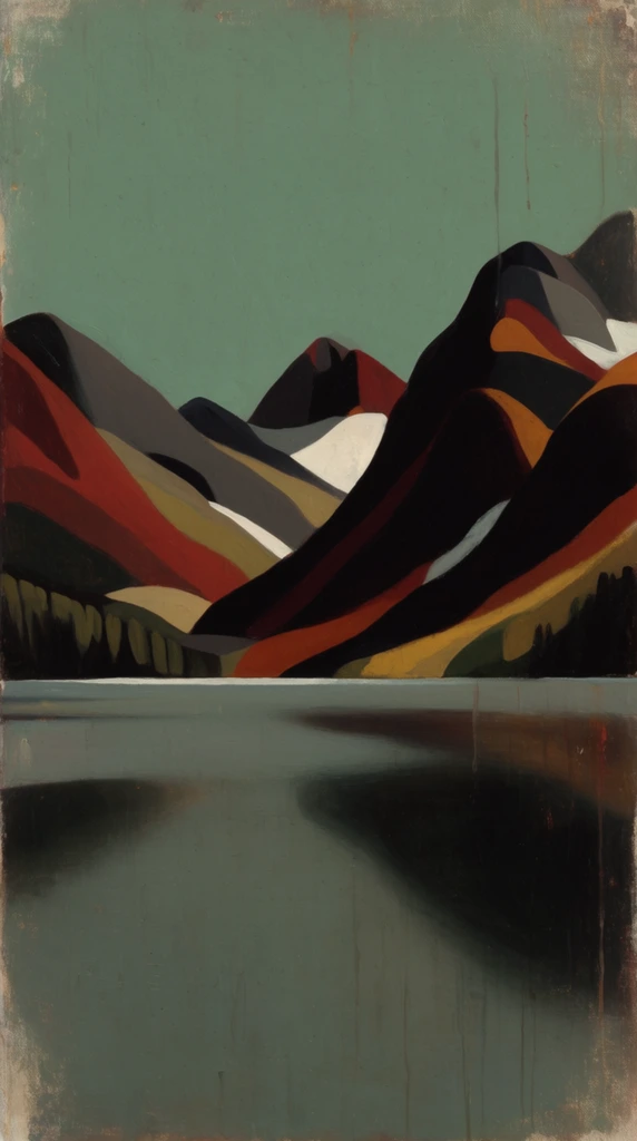 A serene lake at the base of towering mountains, rendered in a stylized, naive oil painting technique with muted, earthy tones and dramatic chiaroscuro. The flat, expansive surface of the lake fills the foreground, sitting beneath sharply rising mountain peaks composed of simplified, smooth, and slightly geometric forms. A dusty seafoam green sky creates a matte backdrop for the landscape's rich, low-key color palette of deep brick reds, charcoal blacks, burnt oranges, and muted mustard yellows, punctuated by stark white accents. The artwork features visible, scumbled brushstrokes, subtle vertical paint drips, and a gently distressed, weathered canvas texture with softened edges. Strong, directional lighting originating from the left casts prominent, heavy, soft-edged shadows across the right sides of the mountains and deep into the water's surface, establishing a quiet, melancholic, and atmospheric mood characteristic of mid-century modern folk-art stylization.