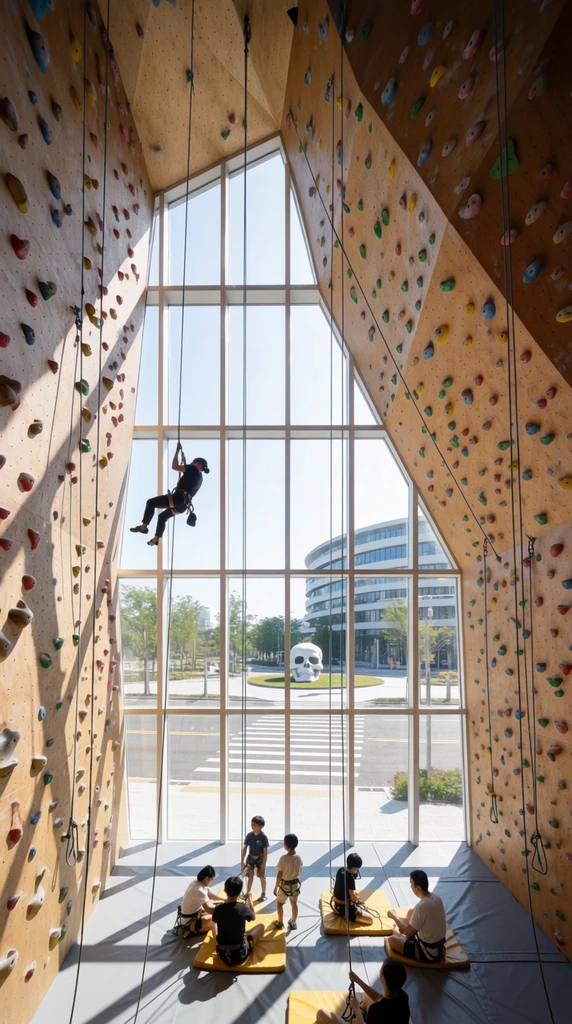 A soaring indoor climbing gym features faceted wooden walls speckled with vibrant grips framing a massive geometric window overlooking a modern streetscape. On the left, a climber hangs suspended in mid-air from a black rope. Below on the grey floor, a group of children and adults adjust harnesses and sit on yellow mats. The towering angled walls are densely populated with organic-shaped holds in primary colors. Vertical climbing ropes drop straight down, intersecting the expansive multi-paned glass. Brilliant daylight streams inside, casting intense diagonal shadows across the interior. Outside, a crosswalk spans a road leading toward a large white skull sculpture and a curved building. The wide-angle architectural perspective emphasizes the immense vertical scale and dramatic angularity of the sunlit space.
