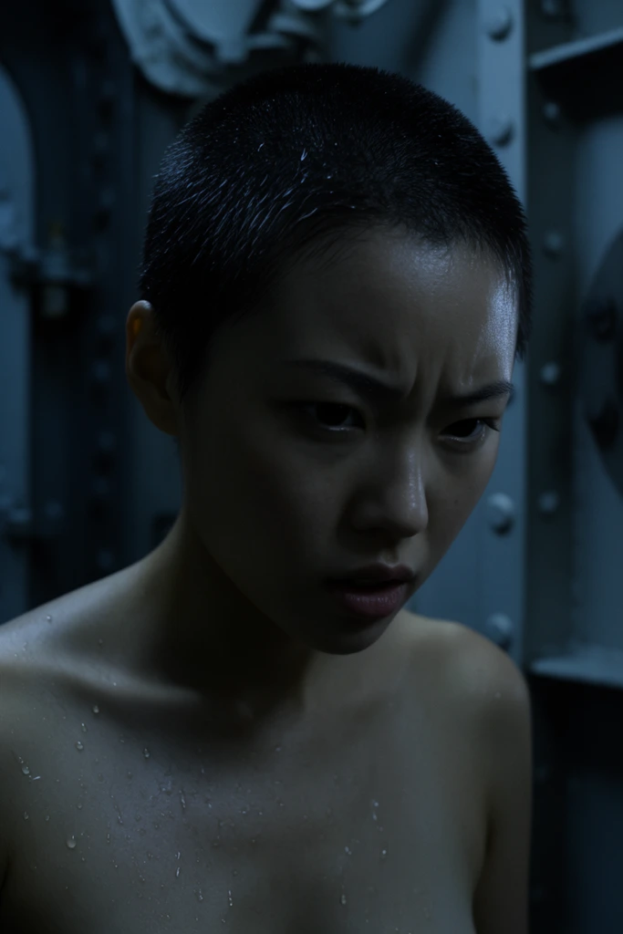 A young East Asian woman with a damp buzzcut and water droplets glistening on her bare collarbone dominates the foreground in a medium close-up. She holds an intense downward gaze with a furrowed brow and parted lips. Cold bluish low-key lighting casts heavy shadows across the right side of her face. The out-of-focus background reveals dark, riveted steel bulkheads of an industrial ship. The composition uses shallow depth of field, establishing a moody, high-tension cinematic thriller aesthetic with a cool, muted color palette.