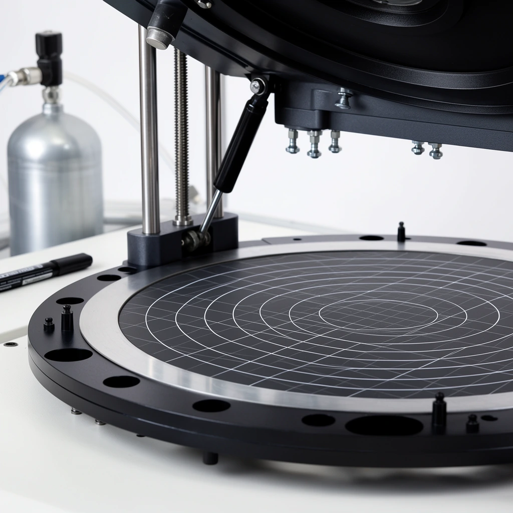 A close-up, low-angle view of a desktop manufacturing machine featuring a circular black platform detailed with white intersecting grid lines and concentric circles. The primary workbed is enclosed by a flat brushed metal ring and a matte black outer flange containing circular cutouts and tiny upright alignment pins. Above the bed, a dark, heavy lid assembly is suspended by vertical polished steel guide rods and a black gas strut, accented with downward-facing silver thumbscrews. In the soft-focus background to the left, a silver cylindrical pressure tank connects to a clear pneumatic tube. The industrial apparatus rests on a clean white surface alongside a flat black marker pen. Captured with a shallow depth of field under bright, diffused studio lighting, the composition highlights precise mechanical textures, contrasting matte surfaces, and sleek geometric components.