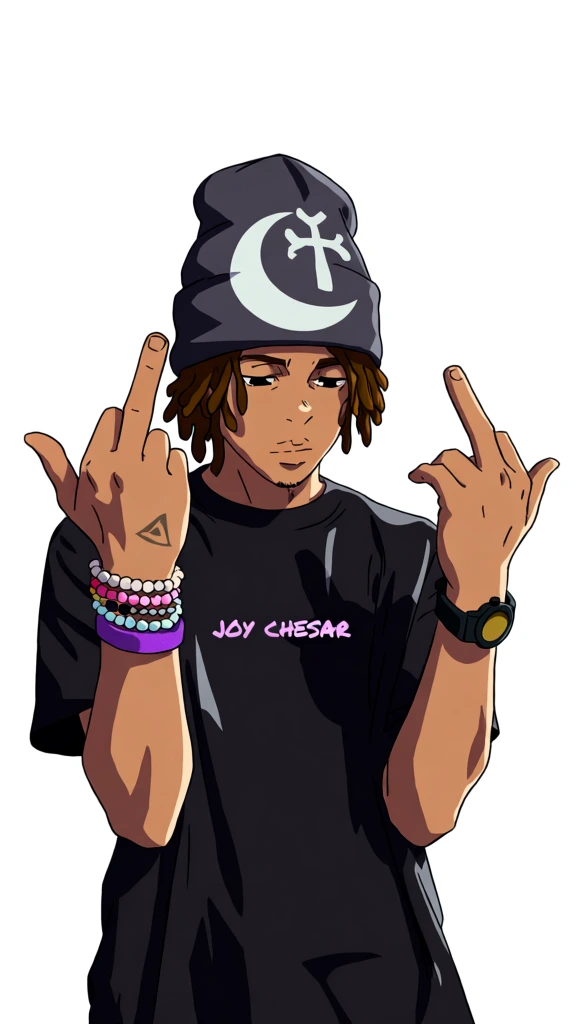 A digital illustration depicts a young man with brown skin and dreadlocks gesturing with both hands against a plain white background. The central figure is shown from the waist up, wearing a dark grey beanie with a large white graphic of a crescent moon and a cross-like symbol on the front. His brown dreadlocks peek out from beneath the hat, framing a face with downward-cast eyes and a neutral expression. He raises both hands; his right hand has the middle finger extended, while his left hand is held in a similar, slightly angled-away gesture. On the back of his right hand is a small, faint triangular tattoo, and his right wrist is stacked with several beaded bracelets in shades of white, pink, light blue, and a solid purple band. His left wrist features a black watch with a circular gold face. He wears a black t-shirt with the text "JOY CHESAR" written across the chest in a small, pink, bubble-style font. The artwork utilizes a bold digital style influenced by anime, featuring thick black outlines and sharp, cell-shaded highlights and shadows. The lighting originates from the upper right, creating distinct shadow shapes on the left side of his clothing and facial features. The composition is centered and straightforward, using a neutral eye-level perspective that focuses entirely on the subject against the stark white void of the background.