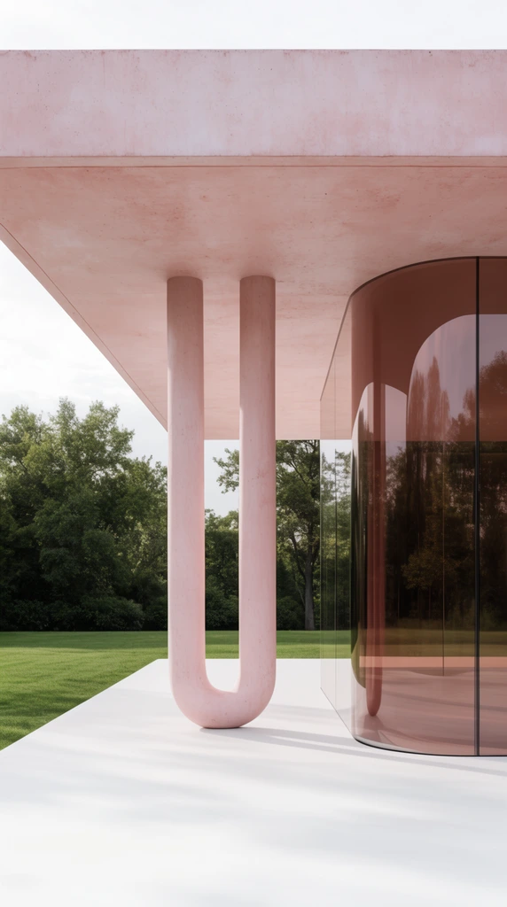 A minimalist blush-pink concrete pavilion featuring a flat overhanging roof and a striking U-shaped pillar resting lightly on a pristine white terrace. Floor-to-ceiling tinted glass walls with a curved corner reflect the surrounding trees. A manicured green lawn borders the bright patio under soft daylight.