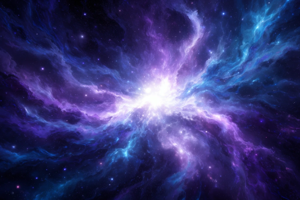 radiant cosmic nebula, brilliant white central burst, sweeping luminous gas clouds, vivid purple and deep blue cosmic dust, cyan tendrils, scattered stars, cinematic deep space illustration