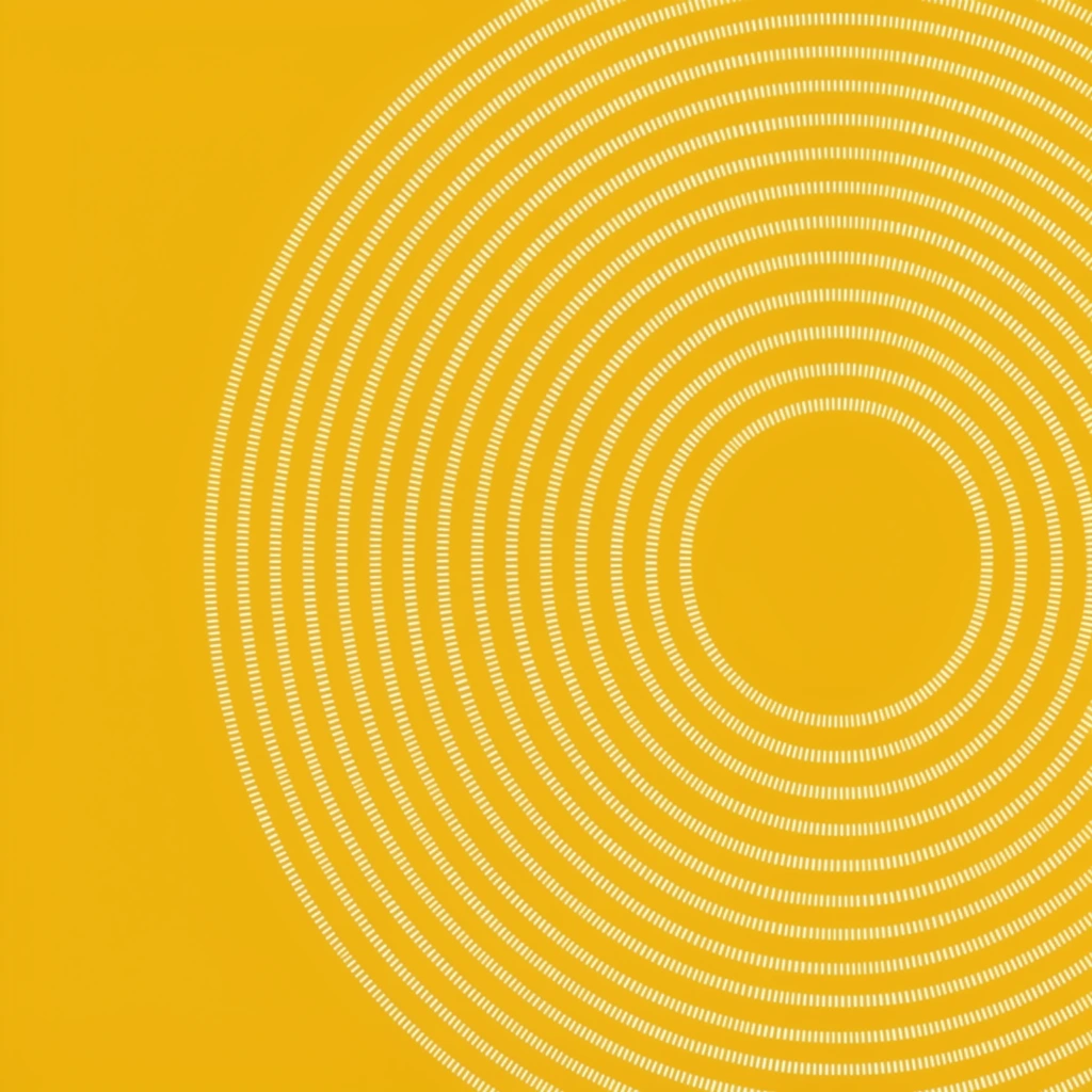 A minimalist geometric graphic featuring a vibrant mustard yellow background overlaid with an asymmetrical arrangement of concentric white circles. The circular rings radiate outward from an off-center focal point positioned on the right side of the composition. Each expanding ring is constructed entirely of finely detailed, tightly spaced white dashes. The striking juxtaposition of the crisp white dashed lines against the flat, luminous yellow backdrop creates a high-contrast visual texture with a clean, abstract, modern graphic aesthetic.