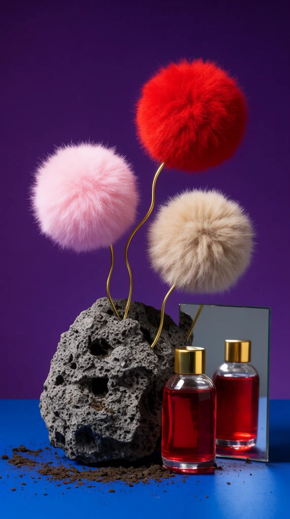 A surreal still life features three fluffy pom-poms acting as whimsical flowers emerging from a porous grey volcanic rock. The soft pink, bright red, and beige pom-poms are attached to curved golden wire stems planted in the rugged stone. Beside the base sits a glass bottle of red liquid with a gold cap, next to a rectangular mirror reflecting the vibrant bottle. Loose dirt is scattered across the solid blue surface beneath the arrangement, starkly contrasting with the deep purple background. Sharp studio lighting emphasizes the distinct textures of soft fur, rough stone, and sleek glass.