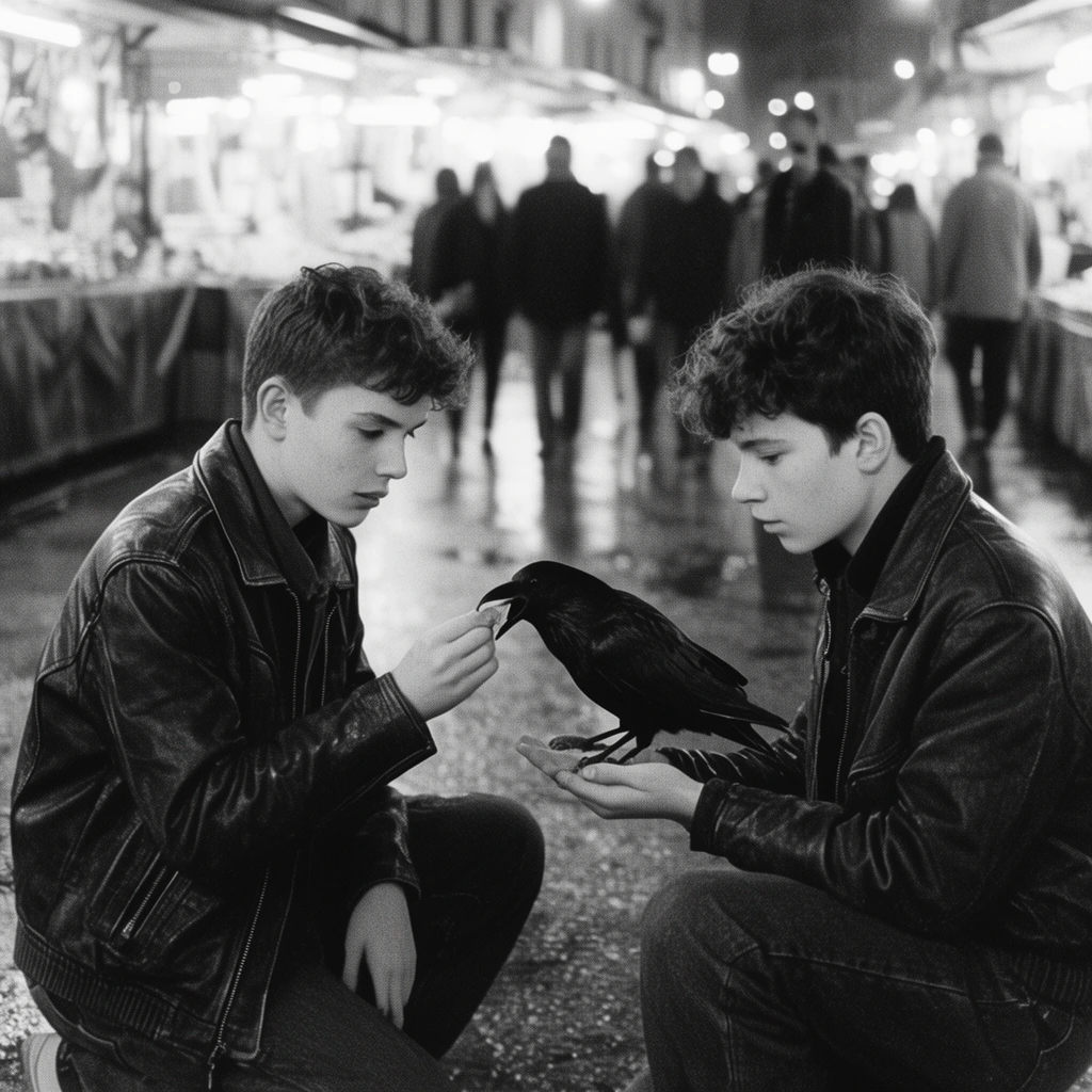 two teenage boys in heavy leather jackets kneeling to feed a black raven, blurred pedestrians in a bustling night market, cinematic black and white film still, 35mm grain