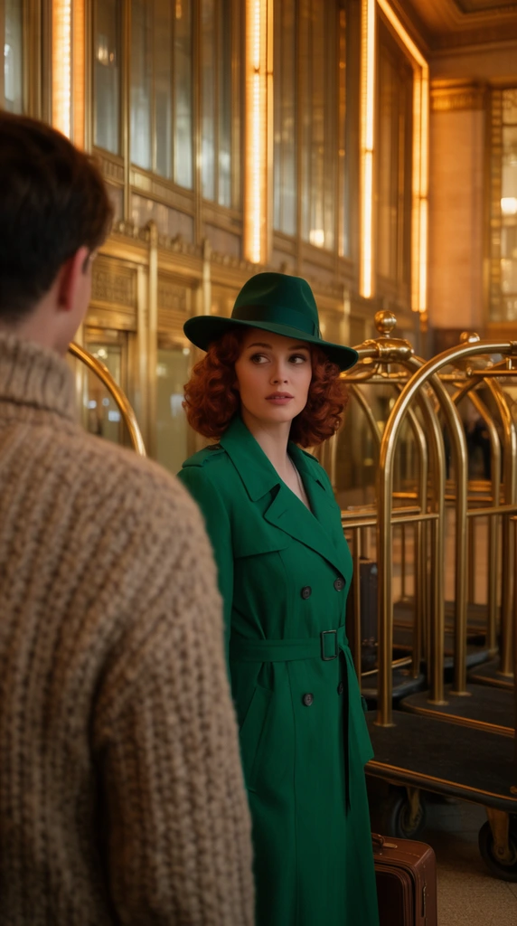 A woman with auburn curls and a wide-brimmed fedora gazes past the blurred shoulder of a foreground figure in a chunky knit sweater. She wears a tailored emerald green trench coat inside an opulent art deco train station. The softly focused background features gleaming brass luggage carts and tall glass panels glowing with warm amber strip lights. Cinematic over-the-shoulder framing with shallow depth of field contrasts her vivid green attire against the rich golden architectural elements.
