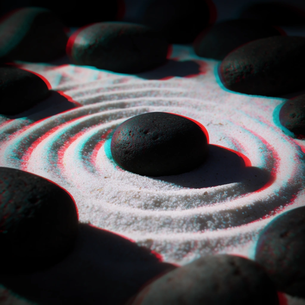 Dark, smooth stones rest on textured white sand arranged in concentric ripples, distorted by a pronounced stereoscopic 3D anaglyph effect. A central rounded rock sits within the raked circular patterns, surrounded by scattered boulders in the foreground and background. Dramatic low-angle lighting casts deep shadows across the undulating granular surface. Extreme chromatic aberration creates vivid neon red and cyan color fringing along all high-contrast edges and shadow lines. The macro perspective features a shallow depth of field, emphasizing the porous, grainy textures in a moody, surreal atmosphere.