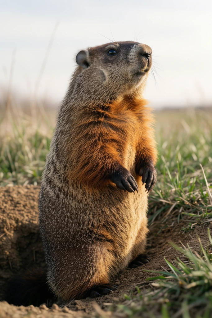 A groundhog stands upright on its hind legs at the edge of a dirt burrow amidst sparse grass. The animal features dense fur transitioning from dark brown on its back to golden-tan on its chest, with small dark claws held near its midsection. Its head tilts upward, revealing glossy eyes, long whiskers, and rounded ears illuminated by soft natural sunlight from the right. A ground-level perspective captures the textured soil and blades of green grass in crisp focus. A shallow depth of field blurs the distant horizon against a pale sky, emphasizing the warm earth-toned palette of this intimate wildlife portrait.