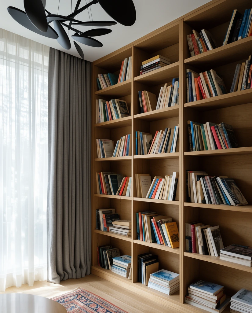 A well-lit, cozy reading corner features a tall, light wood bookcase filled with various books, some leaning and others stacked. To the left, a large window is covered by sheer white curtains and heavier gray drapes, letting in soft natural light. A modern, abstract black chandelier hangs from the ceiling. A glimpse of a patterned rug and a rounded table edge is visible at the bottom.