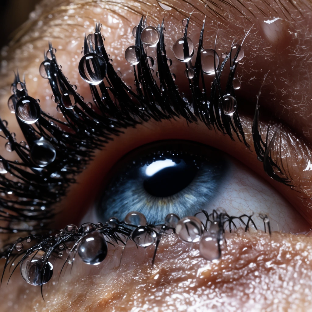 Extreme macro photography of a downward-gazing eye framed by dramatically long, clumped black eyelashes laden with heavy, spherical water droplets. The iris is a textured blue-grey featuring a sharp crescent catchlight over the dark pupil. Surrounding eyelid skin is wet and highly textured, revealing microscopic pores and fine vellus hairs. Intense lighting catches the refractive surfaces of the clear clinging droplets and glistening skin, creating a hyper-detailed composition with shallow depth of field.
