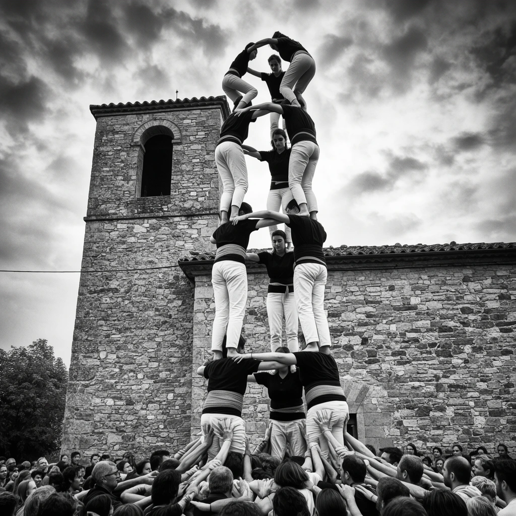A towering multi-tiered human pyramid built by individuals balancing on each other's shoulders. Participants in dark shirts, light trousers, and thick sashes interlock arms for stability above a dense crowd bracing the foundation. A rustic stone building with a square bell tower stands behind them under a cloudy sky. The high-contrast black and white photograph employs a low-angle perspective to emphasize the sheer verticality and structural tension of the interconnected human architecture.